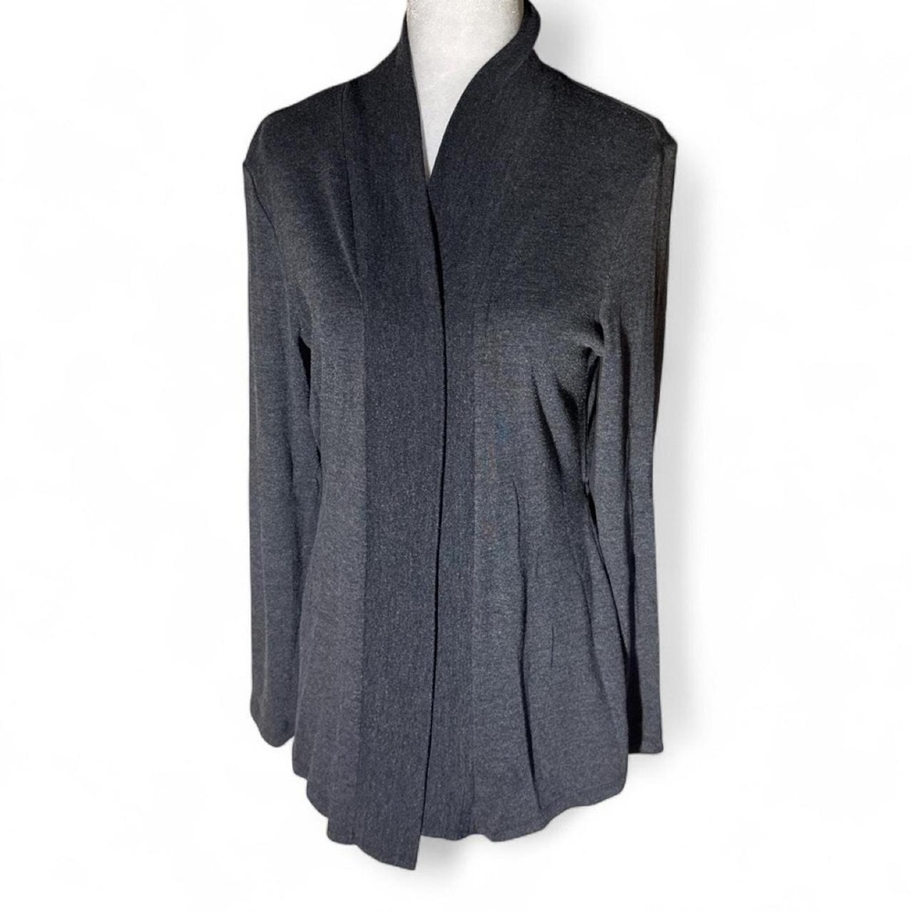 Kim Rogers Cardigan Womens Medium Gray Good Open Front Cinched Back Shawl Collar